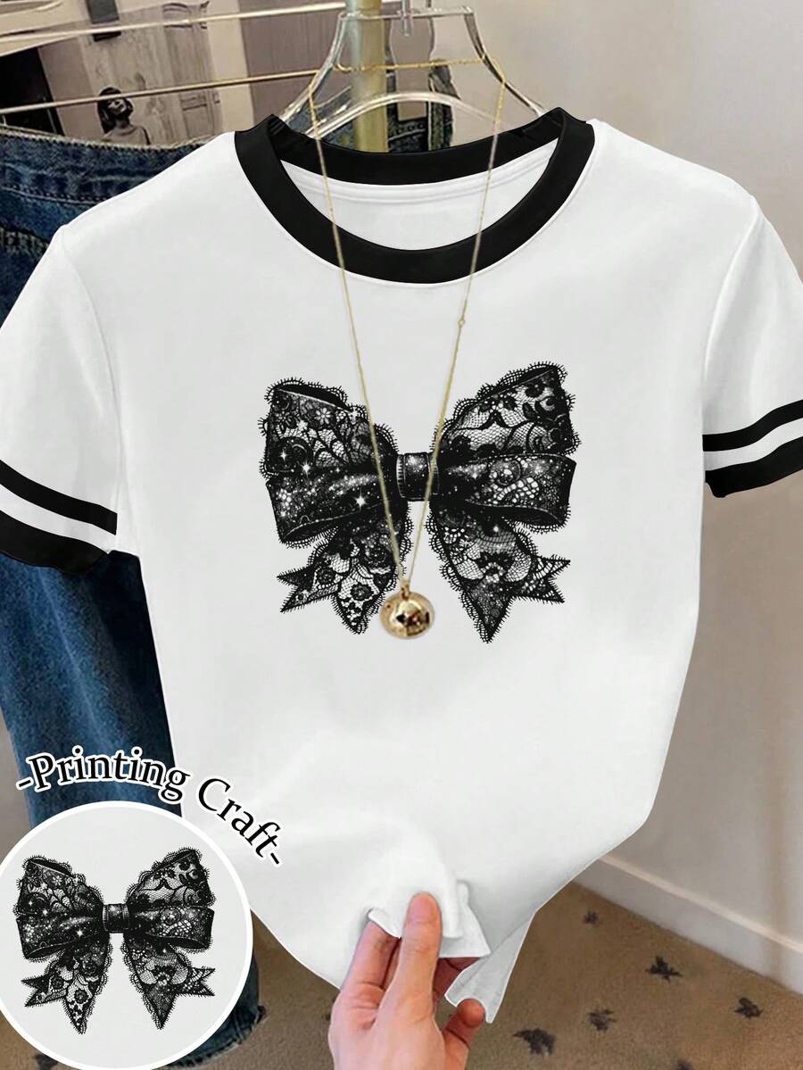 Resyla Bow Lace Print Ringer Tee Graphic Tees Women Tops - Multicolor - View 1