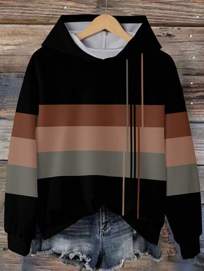 EMERY ROSE Moletom Casual Feminino Plus Size com Estampa Colorblock e Listrada, Adequado para Outono/Inverno, Moletom Preto, Top com Capuz para Uso Externo, Moletom Feminino Colorblock, Moletom Listrado, Roupas de Inverno Femininas, Roupas de Inverno, Roupas para o Ano Novo