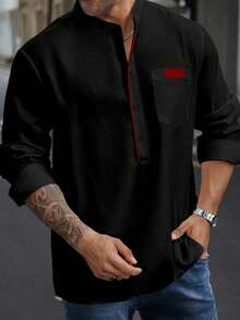 Manfinity Homme Camicia casual a maniche lunghe con bottoni e design a contrasto di colore con tasche, per uomo taglia grande