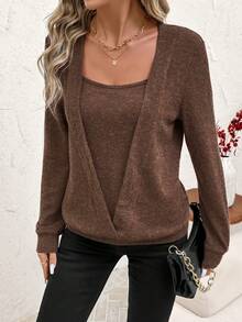 SHEIN Clasi Maglione casual lavorato a maglia con spalle scoperte, maniche lunghe e vestibilità ampia, in colore unito, adatto per l'autunno, l'inverno, il Capodanno e il Natale - Castano - Visualizzare 8