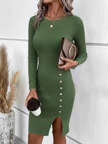 SHEIN Clasi 秋冬季女士纯色罗纹针织开衩下摆修身毛衣连衣裙 - 軍綠色 - 查看 4