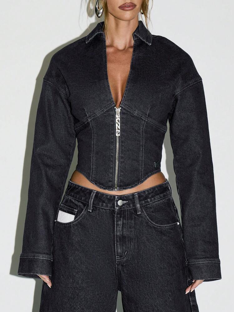 KIZN Zip Front Fitted Denim Jacket