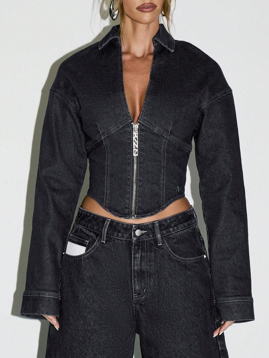 KIZN 复古牛仔拉链修身夹克长袖短款外套秋冬休闲叠穿 - 黑色 - 查看 1