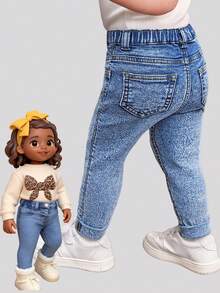 SHEIN Baby Girl Cute Blue Denim Thermal Lined Elastic Skinny Pants,Fall,Winter, Casual And Fashionable Vacation,Halloween Denim Jeans, Christmas, Baby Elastic And Comfortable Denim Jeans - Medium Wash - View 4