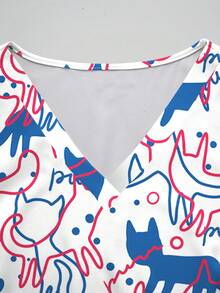 PopScrub 大码女式猫咪卡通数码印花V领短袖口袋工作服上衣，带耳挂和侧开衩，制服款 - 彩色 - 查看 6