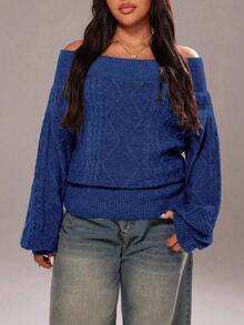Rustia Plus Size Women's Fashion Casual Off-Shoulder Sweater - Blue - View 6