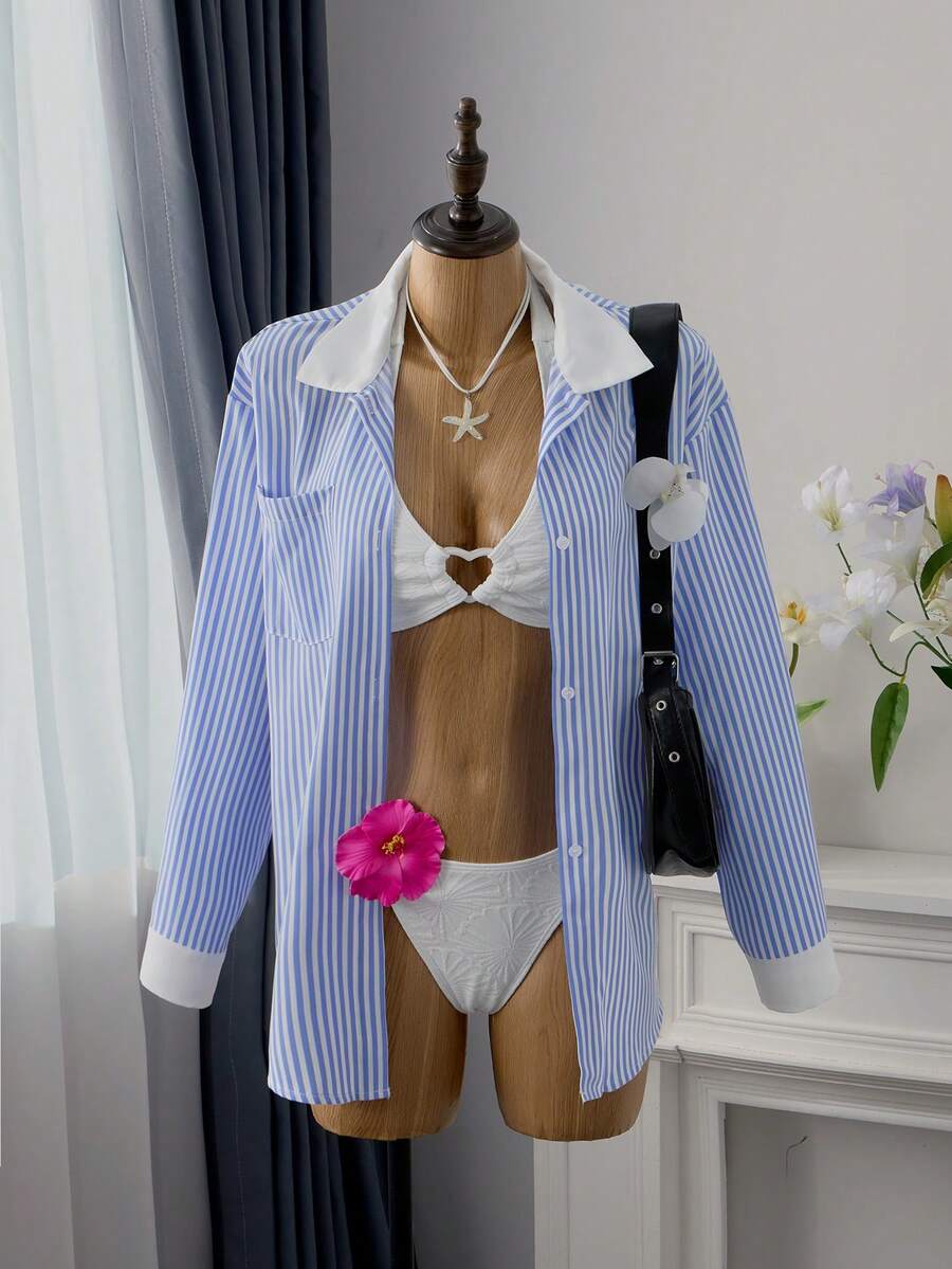 Bellisia Damen Gestreiftes Langarm Lässig Hemd, geeignet für Strand, Resort und Kimono Überwurf, Frühling/Sommer