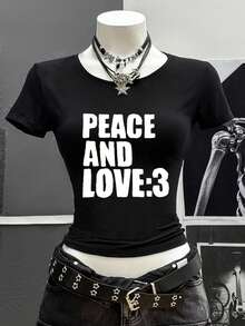 SHEIN Y2K 美学街头风女式T恤，休闲哥特字母印花短袖90年代复古Grunge修身Emo女孩上衣 - 黑色 - 查看 3