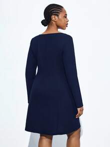 Maija Plus Size Women's Solid Color Square Collar Vintage Elegant Long Sleeve Dress, Suitable For Urban Commute, Business, Casual, Christmas, New Year Party Navy Blue Plus Size Dress Square Neck Dress Long Sleeve Dress Plus Dress With Pockets Curve Blazer Dress Plus Size - Navy Blue - View 2