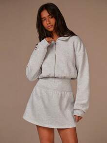 Athîral Women's Casual Grey Belted Zip-Up Half-Open Sweatshirt Dress, Soft And Warm Knit Fabric, Autumn And Winter Outfits, Grey Shorts Dress,Clothes For New Year - Light Grey - View 5