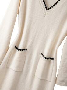 GlowEve CURVE Women's Autumn/Winter New V-Neck Ribbed Trim Pocket Design Fitted Mid-Length Elegant Lady Style Knit Sweater Dress - Apricot - View 5