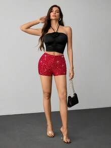 SHEIN Tall Short femme de couleur unie, à la mode, avec des paillettes, coupe slim. Idéal pour les fêtes, Noël, mariage, Nouvel An, Thanksgiving, automne/hiver - Rouge - Voir 3