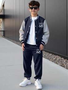 SHEIN Casuvi Kids Áo khoác và quần cổ bóng chày in chữ màu tương phản cho bé trai tuổi teen, trang phục thường ngày, mùa thu - màu đen - Xem 5