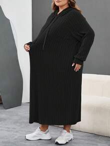 SHEIN CURVE+ Plus Size Women Ribbed Fabric Long Sleeve Hooded Loose Dress/Winter - Black - View 5