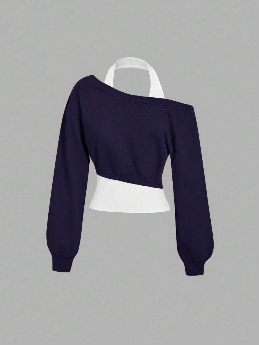 SHEIN MOD Women Asymmetrical Neck Navy 2 In 1 Sweatshirt In Fall/Winter