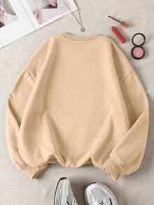 EMERY ROSE Stars Hollow Imitation Embroidery Effect PatternSweatshirt, Cozy Fall Crewneck Sweatshirt, Coffee Book Lover Gift, Cozy Season Sweatshirt - Khaki - View 2