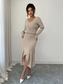 Elenzga 女士纯色优雅蝙蝠袖毛衣和针织裙两件套 - 駝色 - 查看 4