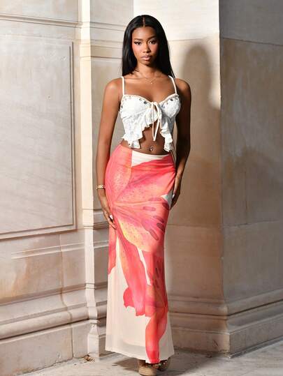 Mima John 针织网眼印花低腰紧身美人鱼下摆女式裙子