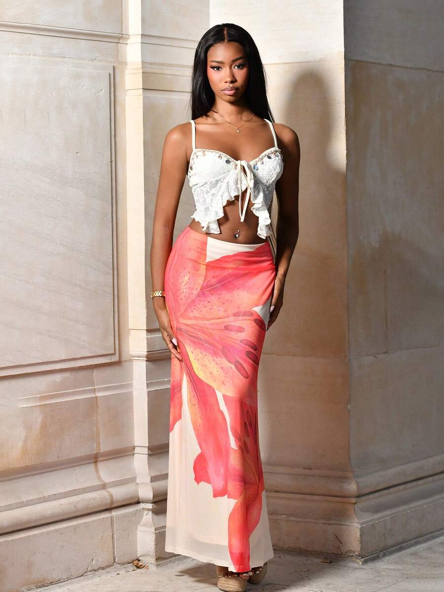 Mima John 针织网眼印花低腰紧身美人鱼下摆女式裙子