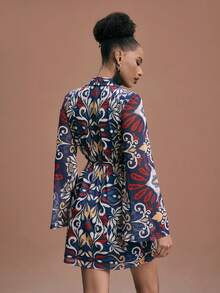 JIAN LASALA Boho All-Over Printed Mesh Wrap Tie Flared Long Sleeve Short Dress Women Casual Wear Ankara African Dress 70s Dress African Print Dress Geometric Print Dress Women Western Dress Resort Wear Elegant Ibiza Women Western Dress Graphic Dress - Multicolor - View 2