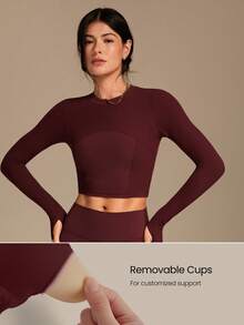 GLOWMODE FeatherFit™ 柔软弹力罗纹拼接长袖T恤，低冲击瑜伽普拉提工作室日常休闲穿着，可拆卸胸垫 - 酒紅色 - 查看 4