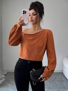 Elenzga 女式不对称肩部缎面长袖衬衫，秋季 - 咖啡棕 - 查看 7