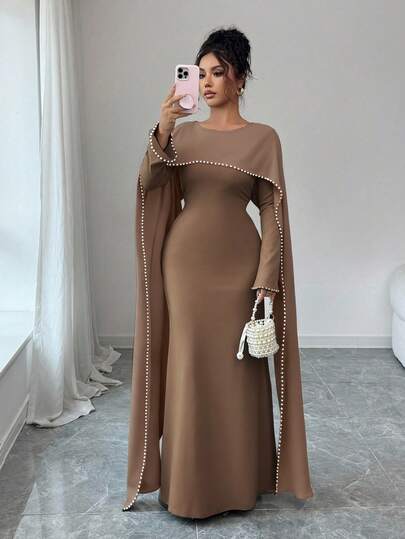 Elenzga Women's 2025 Autumn/Winter New Elegant Long Dress With Delicate Pearl Decoration