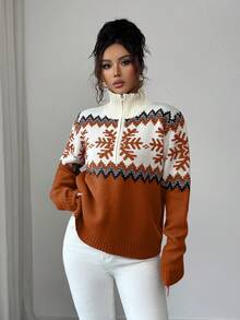 SHEIN Elenzya 优雅女士毛衣，费尔岛图案，拼色拉链毛衣，圣诞图案，秋冬毛衣 - 鏽棕色 - 查看 4