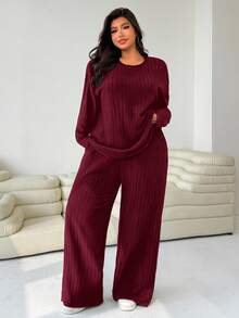 Solflare 2pcs Burgundy Ribbed Casual Plus Size Women Top & Pants Set