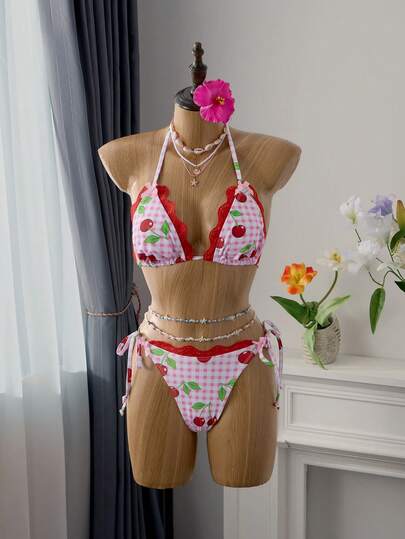Bellisia Conjunto de bikini con estampado de cuadros rojos, encaje y lazo, para unas vacaciones en la playa dulces