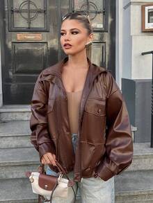 EURMUSE RueChic PU Leather Stylish Hidden-Fly Detailed Women's Jacket - Chocolate Brown - View 6