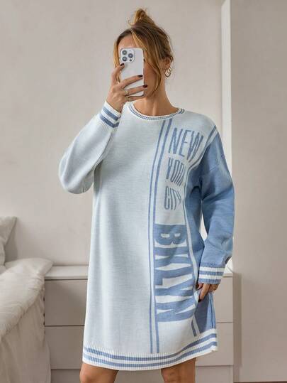 EURMUSE Oversized Contrast Sleeve Knit Dress Featuring New York City And Brooklyn Lettering