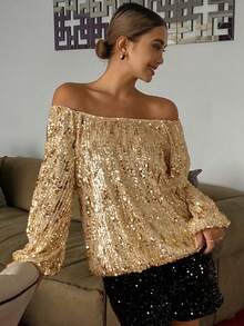 Livesso 女士长袖衬衫 女士亮片露肩上衣 新年女士嘉年华上衣 - 金色 - 查看 3