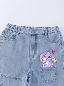 SHEIN ChillGRL Tween Girls' One-Piece Denim Pants With Pockets & Rabbit Print, Vintage Streetwear Casual Trousers, Relaxed Fit, Comfortable Elastic Waist, Versatile For Daily, School, Vacation, Hanging Out Fall Winter - Light Wash - View 4