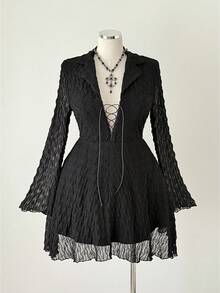 Sunspun Plus Size Sexy V-Neck Mesh Texture Elastic Fabric Long Sleeve Sheer Mini Dress - Black - View 6