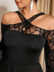 Cravure Plus Size Solid Color Off-Shoulder Long Sleeve Sheer Sexy Ruffle Hem Vintage Lace Dress - Black - View 7