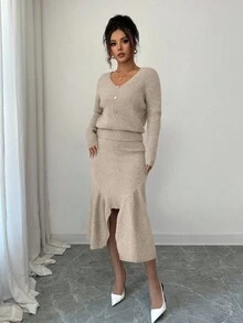 Elenzga 女士纯色优雅蝙蝠袖毛衣和针织裙两件套 - 駝色 - 查看 3
