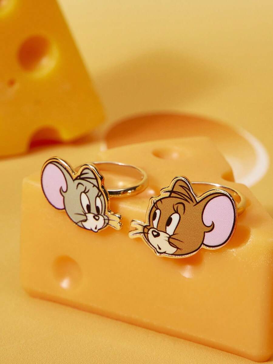 TOM & JERRY X SHEIN 1套时尚女士休闲卡通元素戒指 - 金色 - 查看 1