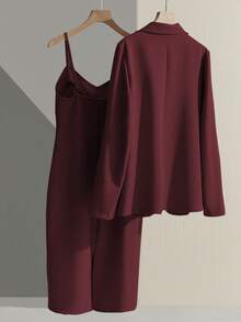 Franclia 休闲卡其色西装外套搭配吊带收腰直筒连衣裙，女士两件套，适合春秋季节，商务/休闲场合穿着 - 酒紅色 - 查看 2