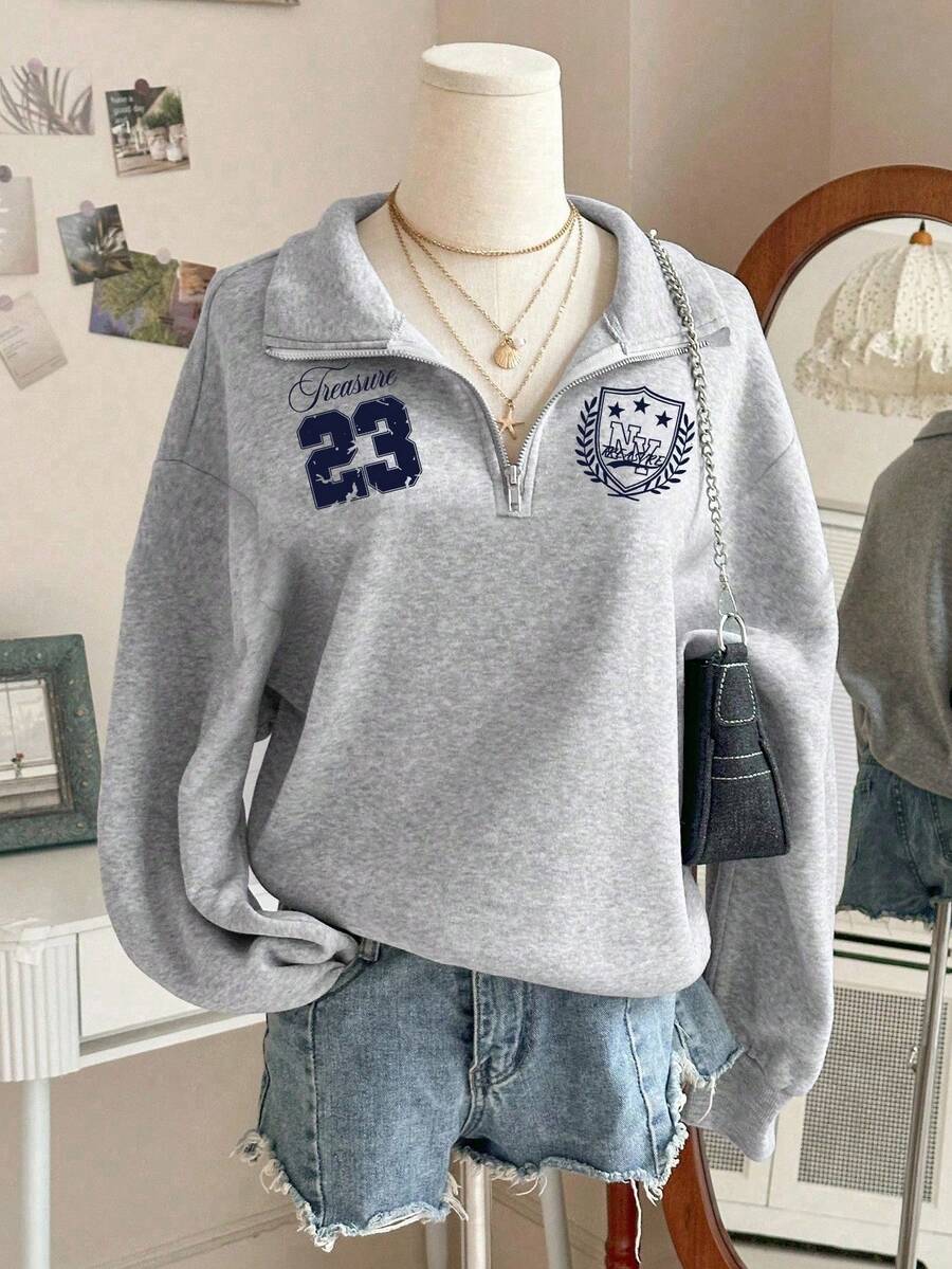 Teen Girl New Casual College Style Retro Loose Pullover Sweatshirt With Zipper, Relaxed Fit, Numeric Print, Warm Thermal Lining, Suitable For Autumn/Winter - Grey - View 1
