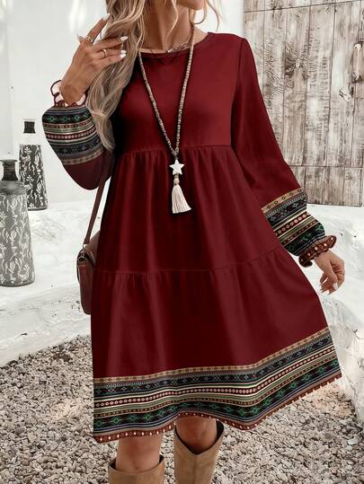 EMERY ROSE Vestido holgado de estilo bohemio con estampado geométrico casual, cuello redondo, talla grande, adecuado para otoño/invierno