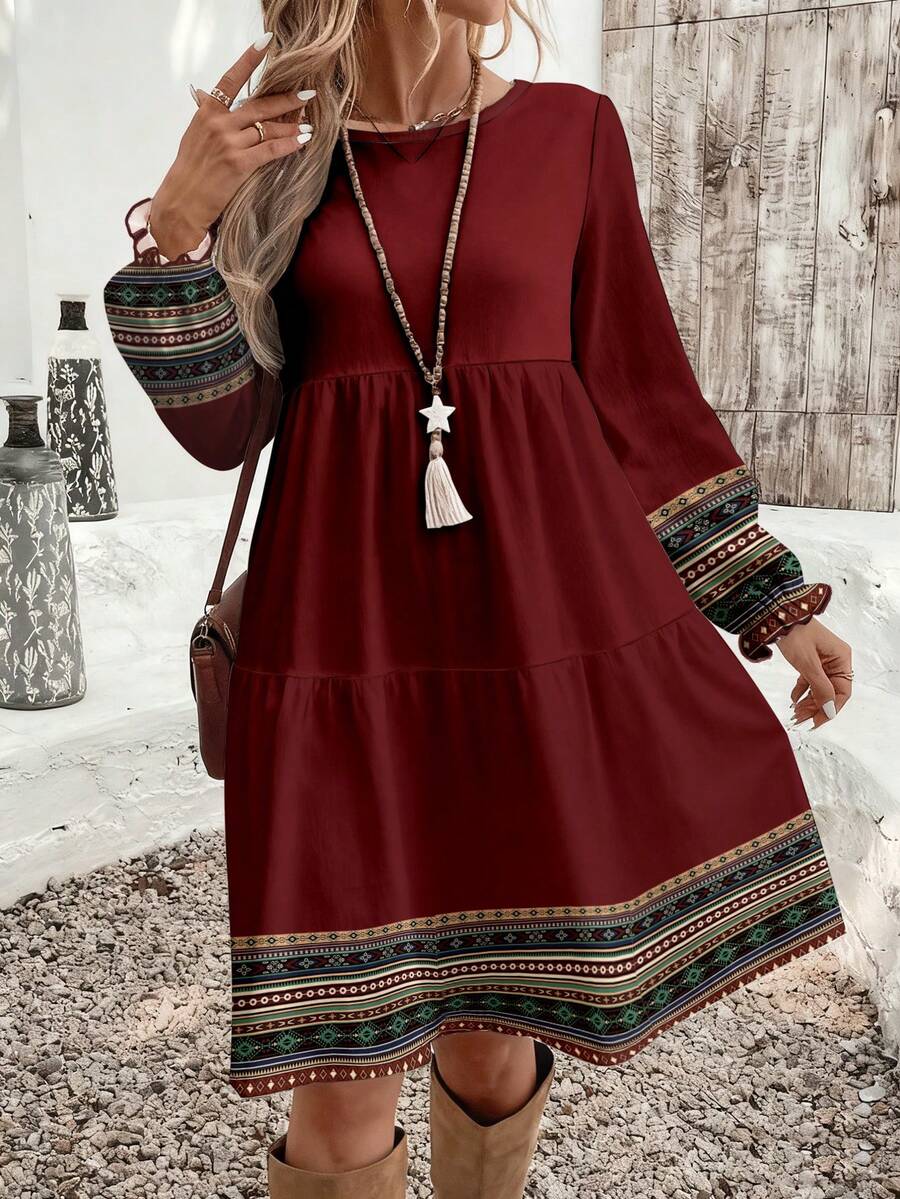 EMERY ROSE Casual Geometric Print Bohemian Style Loose Fit Round Neck Plus Size Dress, Suitable For Autumn/Winter New Year Party - Multicolor - View 1