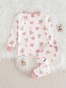 Cozy Pixies Baby Girl Cartoon Bear Print Knit Soft Crew Neck Long Sleeve Top And Elastic Waist Leggings 2-Piece Pajama Set - Pink - View 2