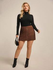 Juhart 大码女式秋季休闲百搭灯芯绒短款 A 字裙，大地色 - 棕色 - 查看 7