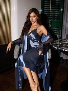 SHEIN Satin Contrast Lace Backless Sheer Camisole Nightgown And Lace Trim Robe Set For Women Panama's 2piece Nightgown Lightning Mcquee See Through Dress Blue Lingerie Dress Mesh Robe Curve Night Gown Latex, Fall & Winter Clothes