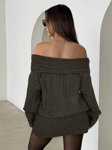 Aloruh 女士性感优雅露肩修身迷你连衣裙，长袖，纯色 - 棕色 - 查看 3