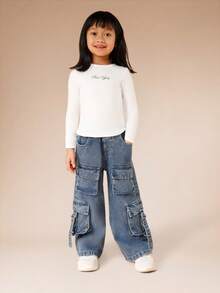 SUMWON Wide Leg Cargo Denim Jeans With Multiple Patch Pockets For Kids - Dark Wash - View 3