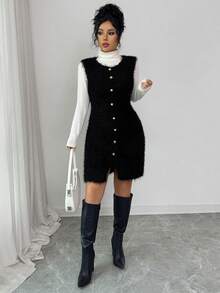 SHEIN Elenzya Vestido mini sin mangas de tweed sólido francés con decoración de botón de metal, elegante vestido de suéter ajustado - Negro - Ver 4