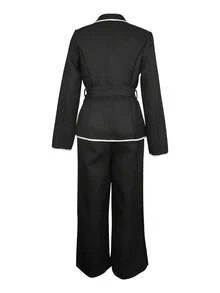 GlowEve Women's Fashionable Elegant Contrast Trim Double-Breasted Jacket & Pants 2 Pieces Set - Black - View 2