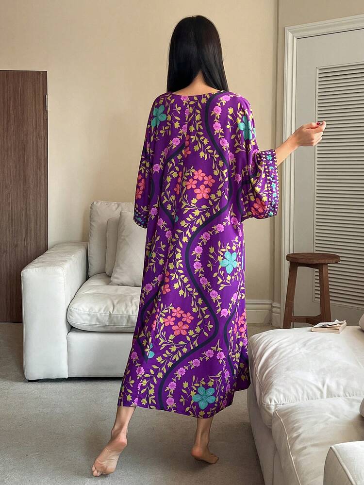 Floral Print V-Neck Loose Women Nightgown, Winter, Moo Moo Night Dress